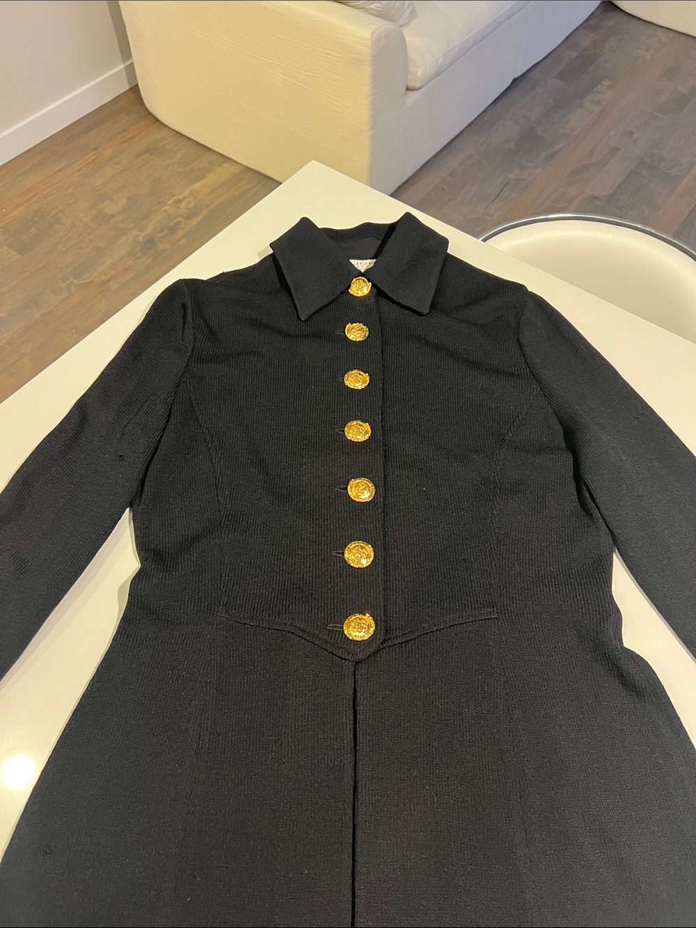 St. John Collection santana black knitted fit & flare jacket w/ gold buttons 12 - Picture 4 of 11